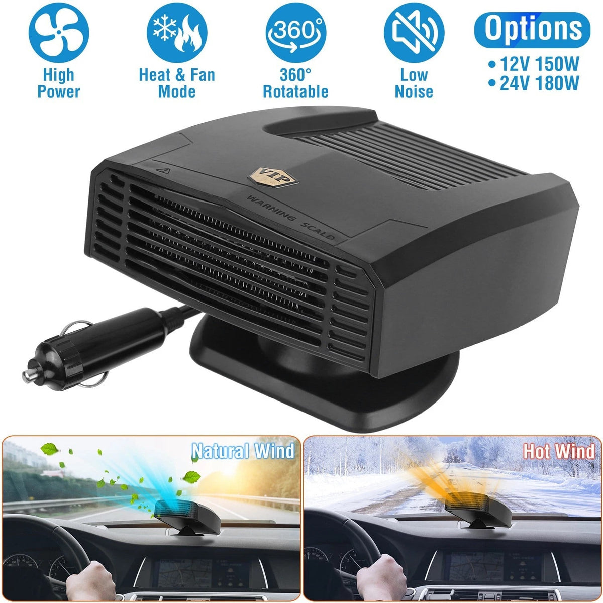 Car Heater, 12/24V Portable Heater For Car Fast Heating Defogging & Defrosting, 2-In-1 Heating & Natural Wind Car Defroster, 360° Rotary Portable Car Heater With Automatic Power-Off Protection