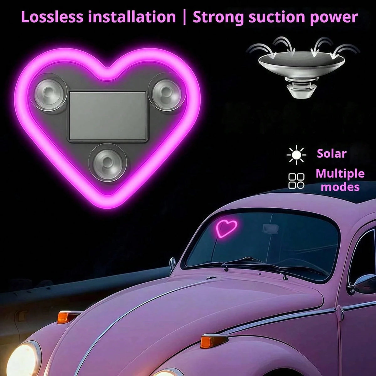 Car LED Ambient Light, Solar-Powered Heart-Shaped LED Neon Light, Solar-Powered Heart-Shaped Atmosphere Light With 3 Modes, IP65 Waterproof, For Romantic Car Interior And Outdoor Decor