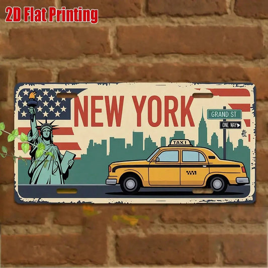 Car P, 2D Flat, Vintage New York License Plate- Large Vintage Taxi And Statue Of Liberty Design With License Plate Number (NY)- Durable Aluminum Metal Sign, Suitable For Car Dashboard, Wall Decorati