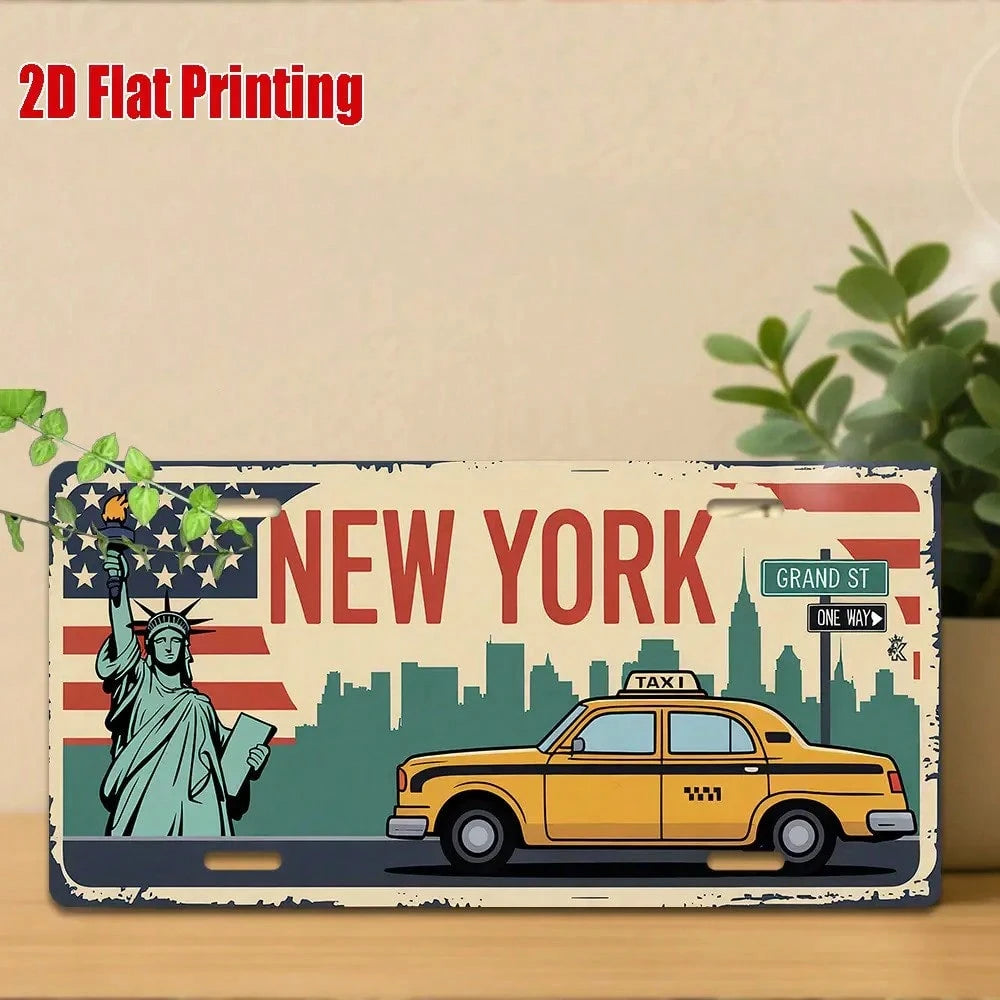 Car P, 2D Flat, Vintage New York License Plate- Large Vintage Taxi And Statue Of Liberty Design With License Plate Number (NY)- Durable Aluminum Metal Sign, Suitable For Car Dashboard, Wall Decorati