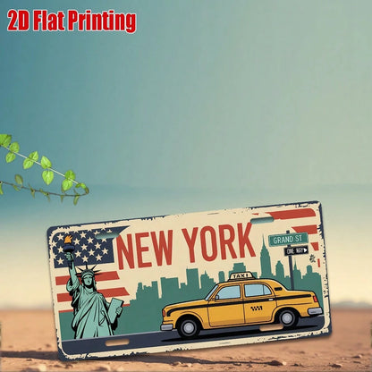 Car P, 2D Flat, Vintage New York License Plate- Large Vintage Taxi And Statue Of Liberty Design With License Plate Number (NY)- Durable Aluminum Metal Sign, Suitable For Car Dashboard, Wall Decorati
