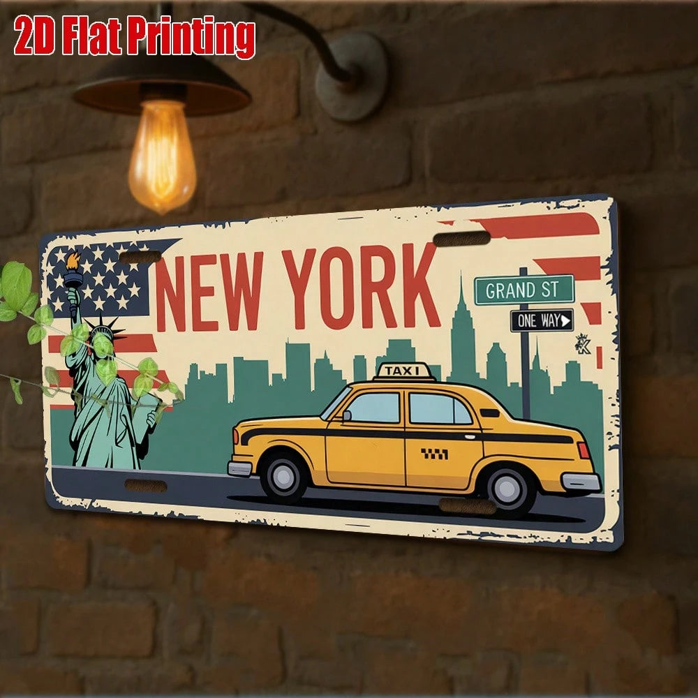 Car P, 2D Flat, Vintage New York License Plate- Large Vintage Taxi And Statue Of Liberty Design With License Plate Number (NY)- Durable Aluminum Metal Sign, Suitable For Car Dashboard, Wall Decorati