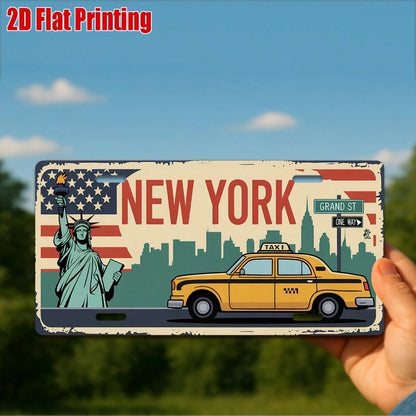 Car P, 2D Flat, Vintage New York License Plate- Large Vintage Taxi And Statue Of Liberty Design With License Plate Number (NY)- Durable Aluminum Metal Sign, Suitable For Car Dashboard, Wall Decorati