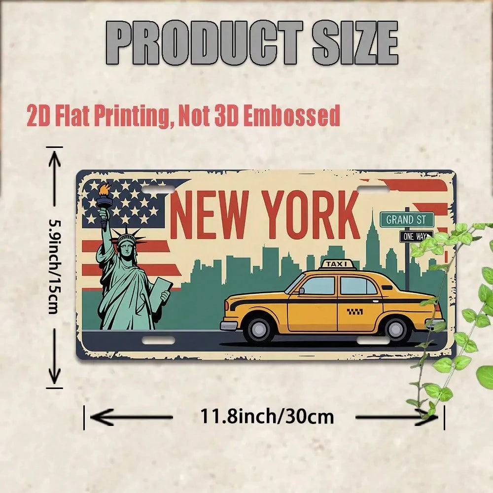 Car P, 2D Flat, Vintage New York License Plate- Large Vintage Taxi And Statue Of Liberty Design With License Plate Number (NY)- Durable Aluminum Metal Sign, Suitable For Car Dashboard, Wall Decorati
