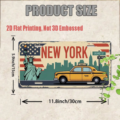 Car P, 2D Flat, Vintage New York License Plate- Large Vintage Taxi And Statue Of Liberty Design With License Plate Number (NY)- Durable Aluminum Metal Sign, Suitable For Car Dashboard, Wall Decorati