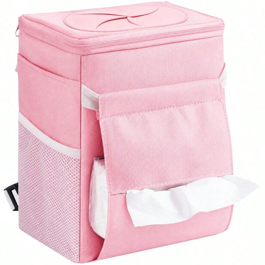 Car Trash Bin, 2 Gallon Leakproof Waterproof Vehicle Garbage Can With Lid Tissue Holder, Car Interior Organizer Front/Back/Console, Automotive Accessory, Pink