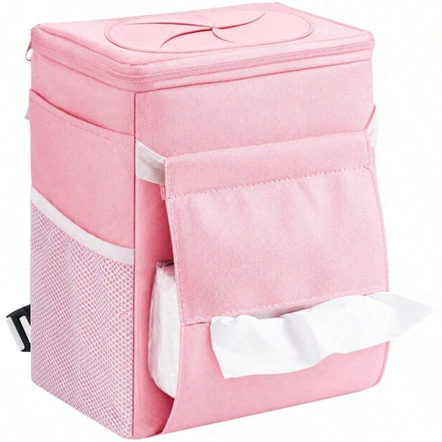 Car Trash Bin, 2 Gallon Leakproof Waterproof Vehicle Garbage Can With Lid Tissue Holder, Car Interior Organizer Front/Back/Console, Automotive Accessory, Pink