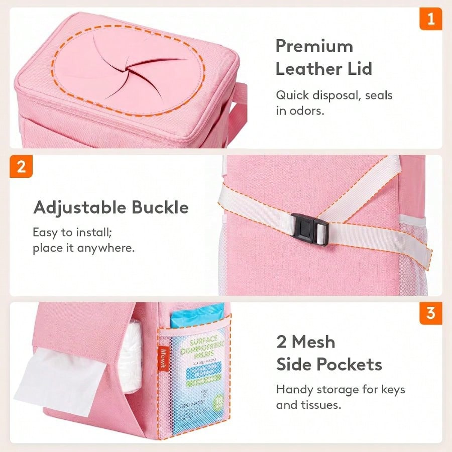 Car Trash Bin, 2 Gallon Leakproof Waterproof Vehicle Garbage Can With Lid Tissue Holder, Car Interior Organizer Front/Back/Console, Automotive Accessory, Pink
