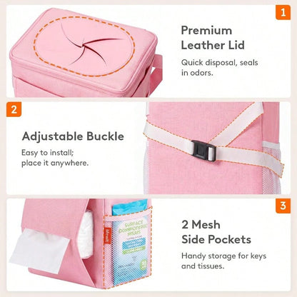 Car Trash Bin, 2 Gallon Leakproof Waterproof Vehicle Garbage Can With Lid Tissue Holder, Car Interior Organizer Front/Back/Console, Automotive Accessory, Pink