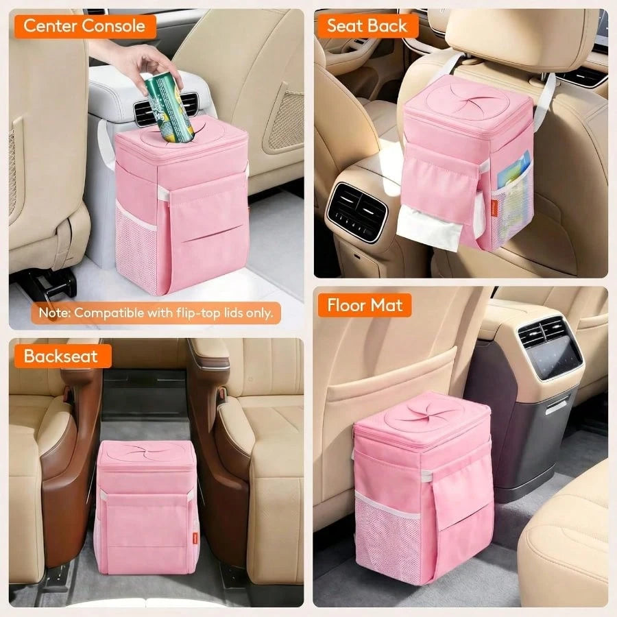 Car Trash Bin, 2 Gallon Leakproof Waterproof Vehicle Garbage Can With Lid Tissue Holder, Car Interior Organizer Front/Back/Console, Automotive Accessory, Pink