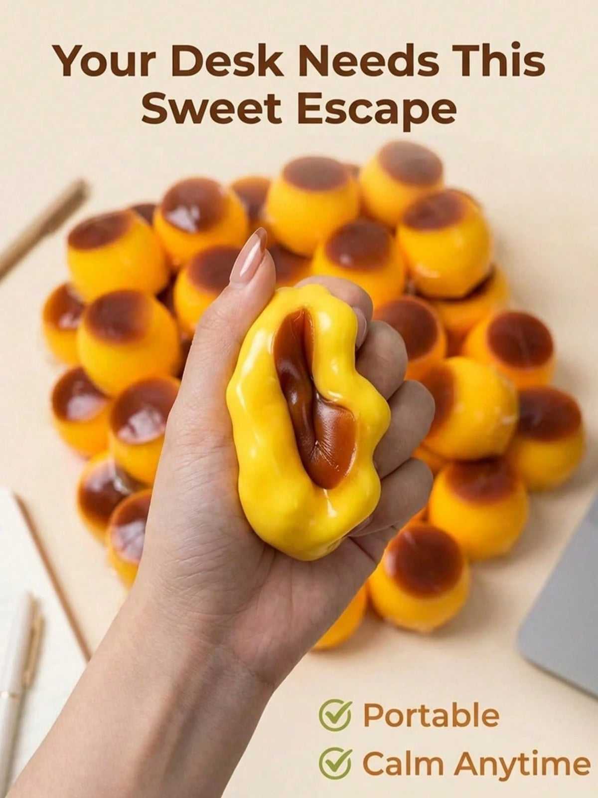 Caramel Pudding Stress Ball Squishy Crunchy Bead Filled Non Rebound Handmade Taba ASMR Anxiety Relief For Adults Party Favor Squeeze Toy Cute Realistic Food Soft Sticky Silicone Dessert
