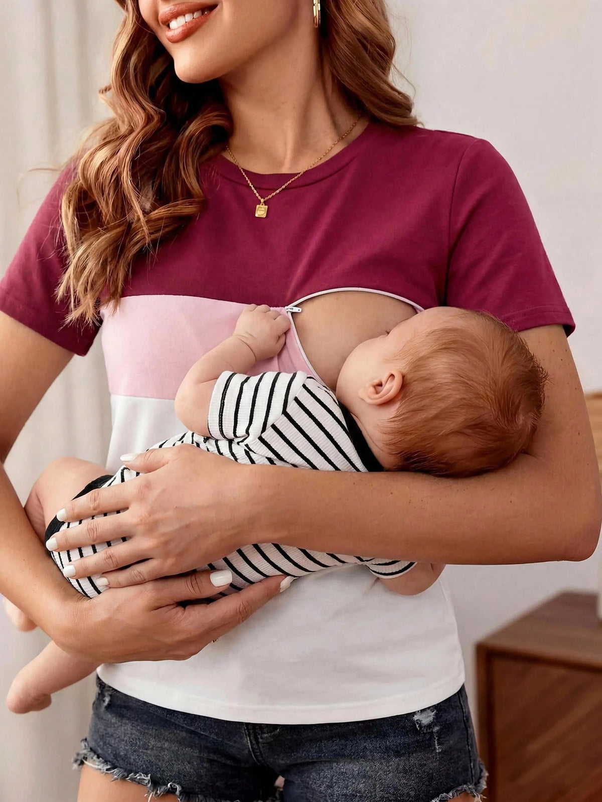 Casual Color Block Short Sleeve Round Neck Knitted Nursing Dress For Women World Cup