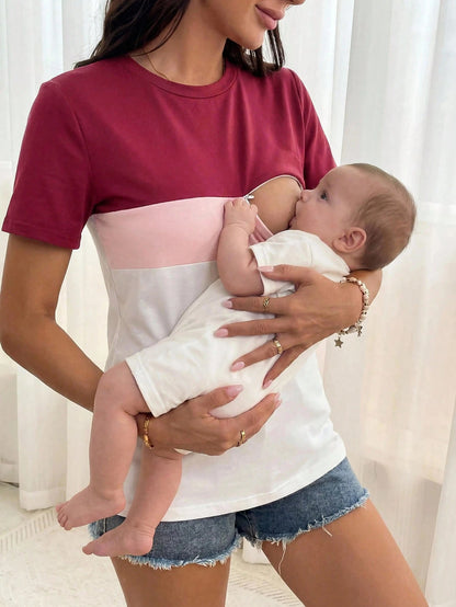 Casual Color Block Short Sleeve Round Neck Knitted Nursing Dress For Women World Cup