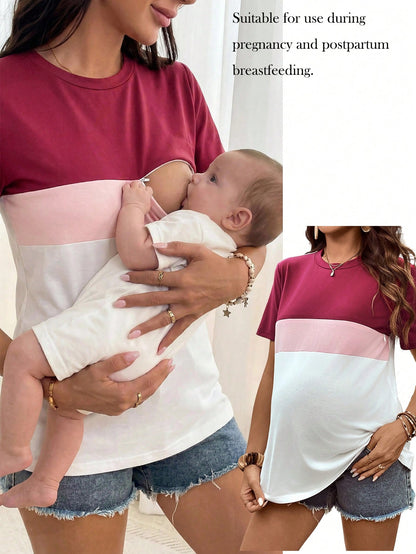 Casual Color Block Short Sleeve Round Neck Knitted Nursing Dress For Women World Cup