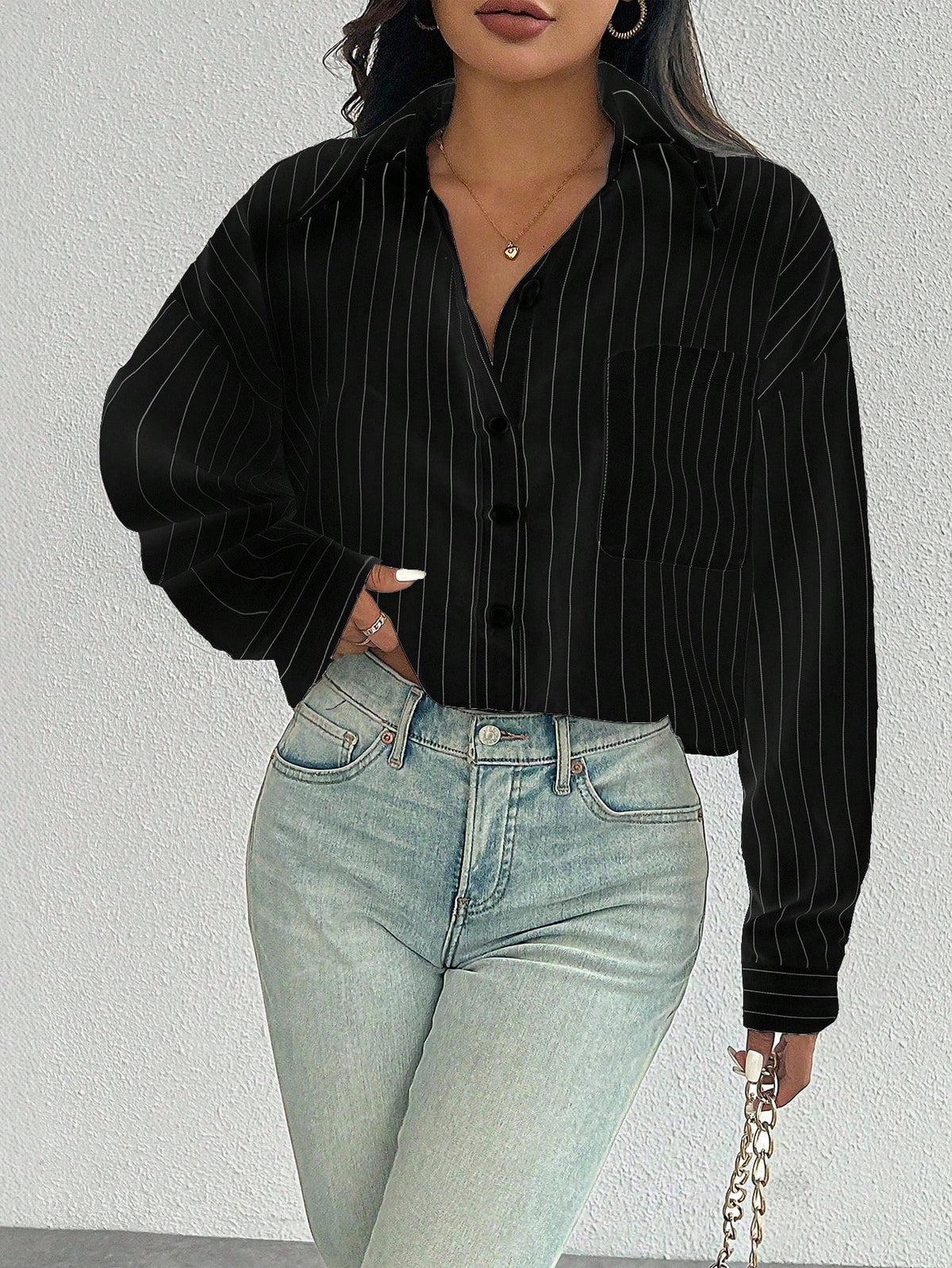 Casual Versatile Fashion Long Sleeve Single Breasted Turndown Collar Striped Women Shirt, Random Floral Pattern Fall Cloth For Women
