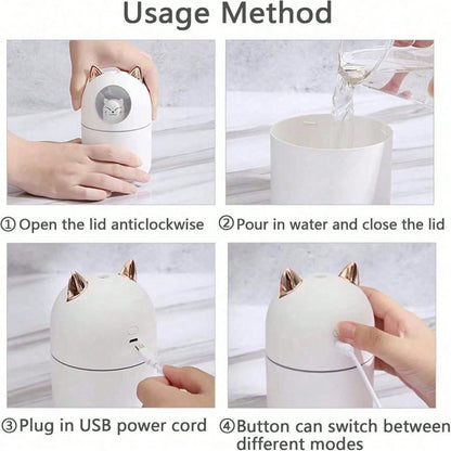 Cat-Shaped Mini Portable Cool Mist Humidifier: 28dB Low Noise, Easy Refill & Clean – Suitable For Car, Bedroom & Plants| Local Warehouse