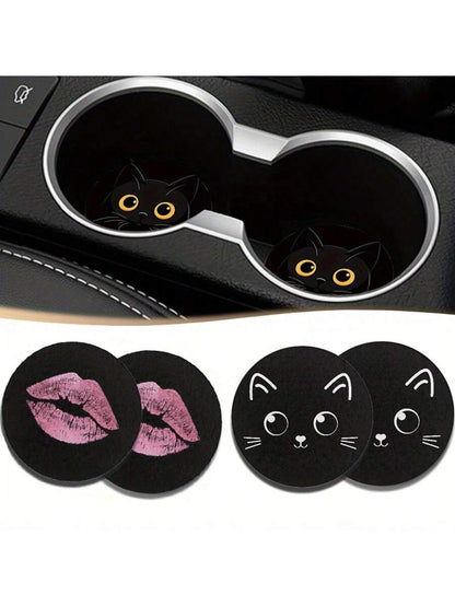 Cat Style 2 Pieces Car Cup Holder Coaster- Anti Slip, 2.8-Inch Made Of Natural Rubber, Washable, Weighing 8 Grams Per Piece, Perfect For Car Interior Accessories- Suitable For Car Owners- Suitable
