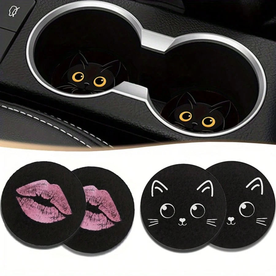 Cat Style 2 Pieces Car Cup Holder Coaster- Anti Slip, 2.8-Inch Made Of Natural Rubber, Washable, Weighing 8 Grams Per Piece, Perfect For Car Interior Accessories- Suitable For Car Owners- Suitable