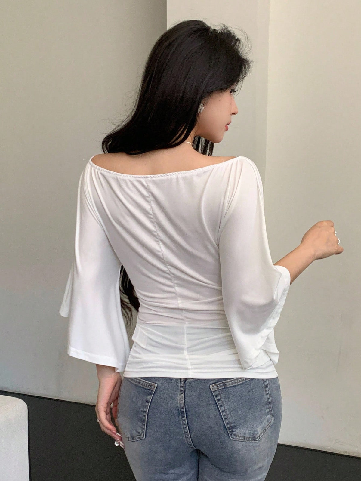 Celisse Elegant Solid Color Knitted High Elasticity Flare Sleeve Women T-Shirt