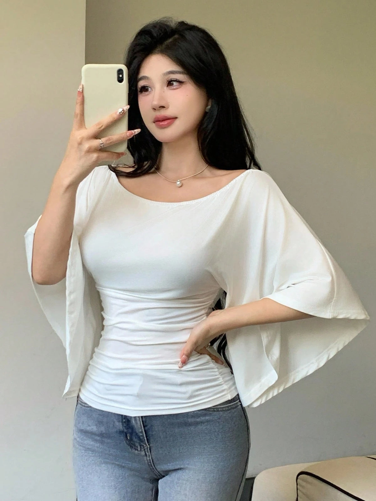 Celisse Elegant Solid Color Knitted High Elasticity Flare Sleeve Women T-Shirt
