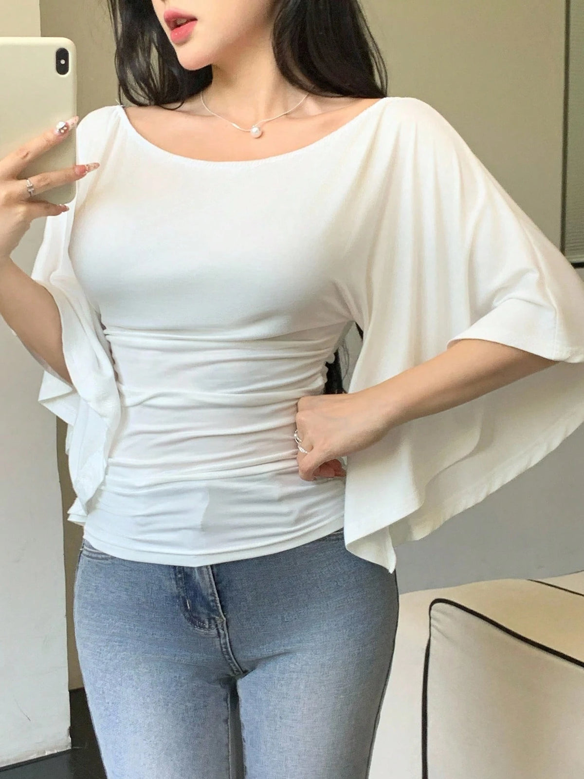 Celisse Elegant Solid Color Knitted High Elasticity Flare Sleeve Women T-Shirt