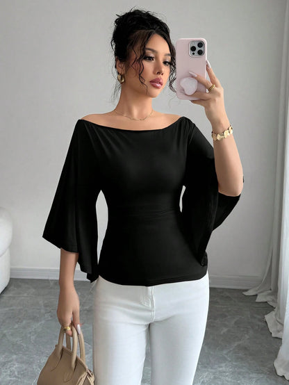 Celisse Elegant Solid Color Knitted High Elasticity Flare Sleeve Women T-Shirt