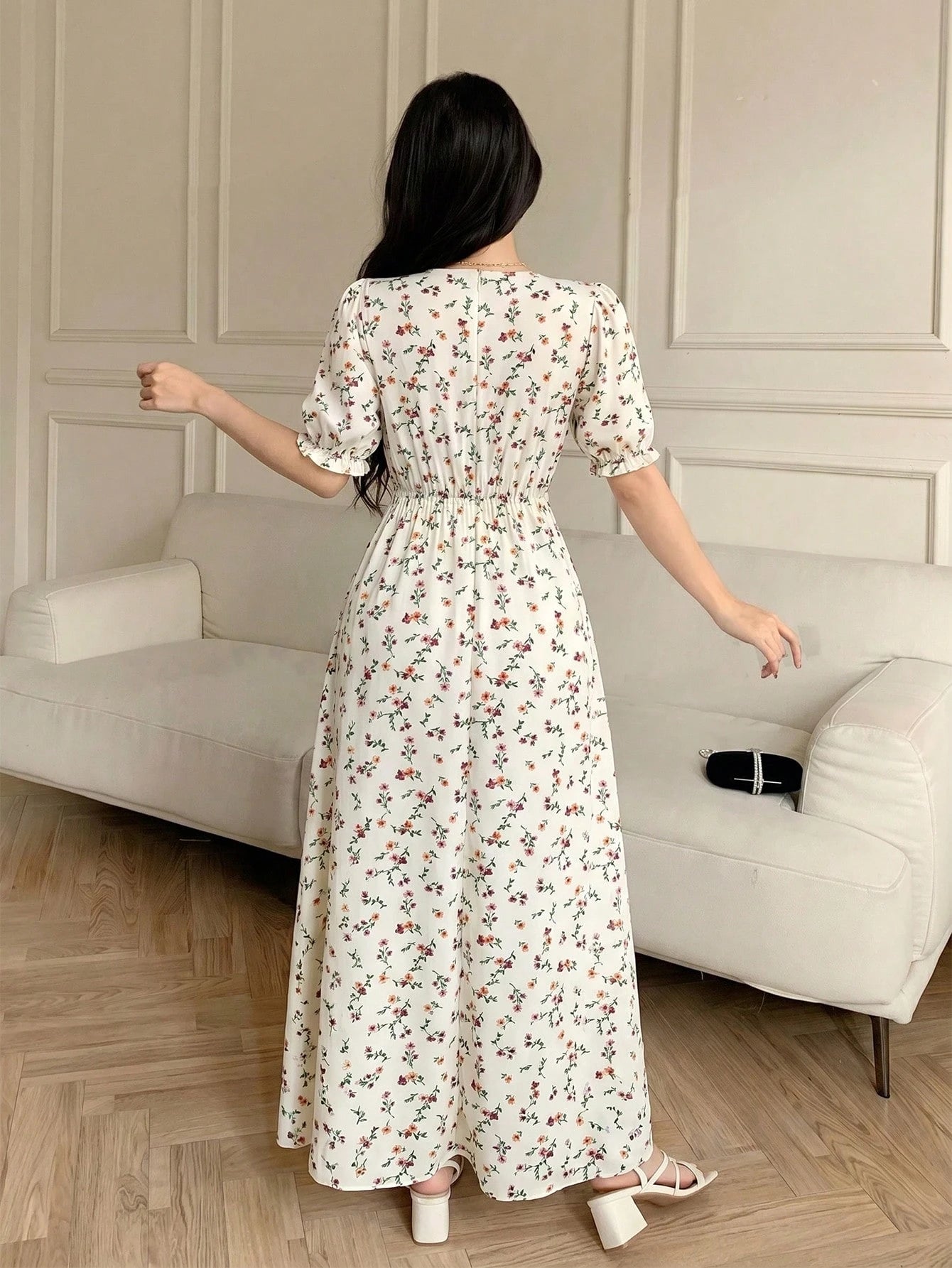 Celisse Women's Elegant Fitted A-Line Floral Dress, V-Neck Lace Patchwork, Suitable For Daily Commute, Summer Vacation, Graduation Ceremony, Birthday