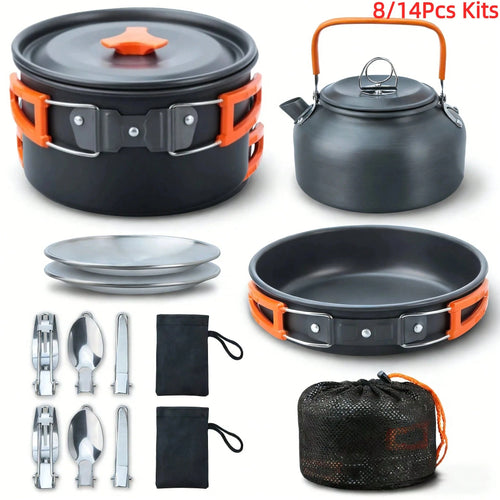 Cepasei 8/14Pcs Camping Cookware Mess Kit, Portable Non-Stick Aluminum Alloy Cookware, Kettle Pot Frying Pan Plates Forks Knives Spoons For Camping, Backpacking, Outdoor Cooking