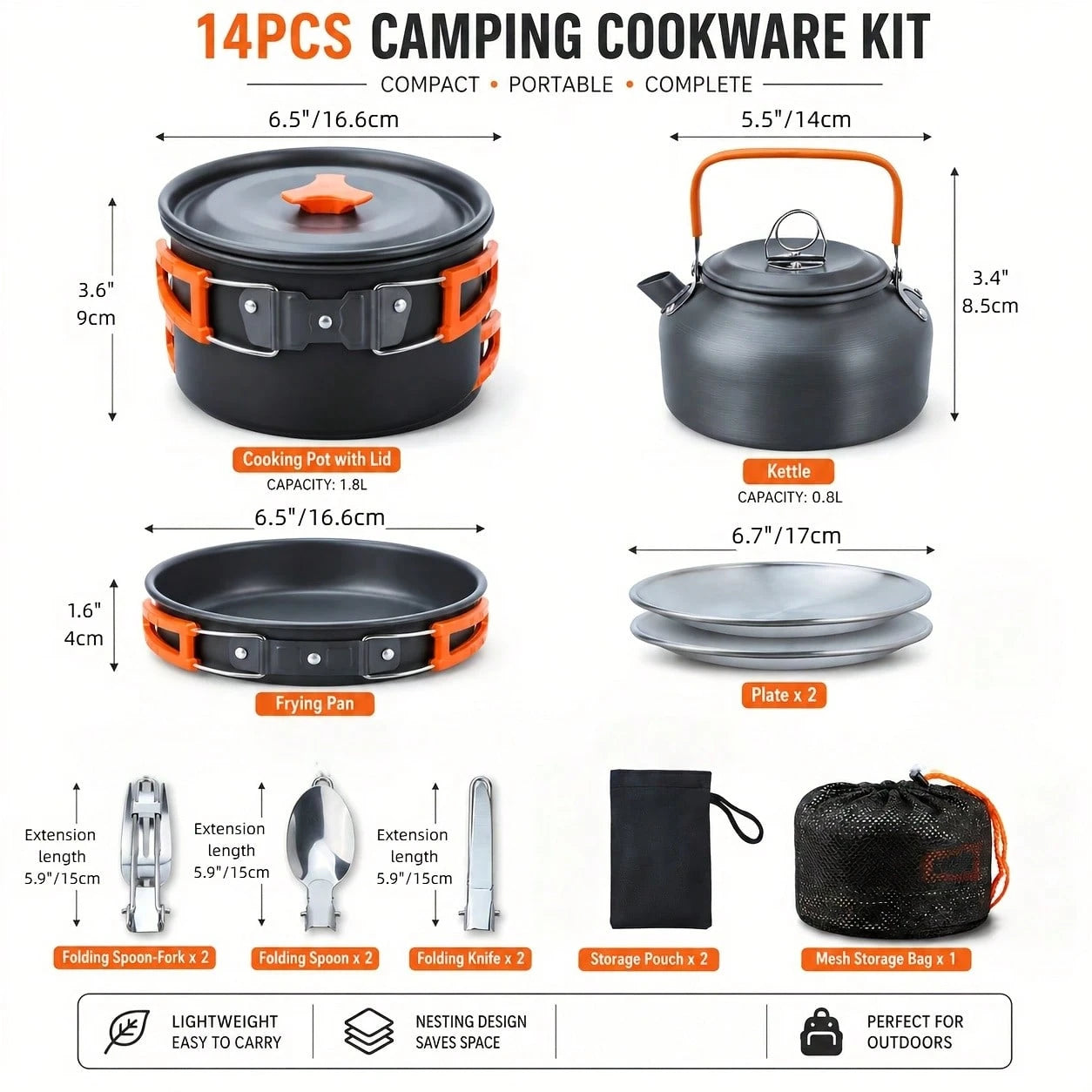 Cepasei 8/14Pcs Camping Cookware Mess Kit, Portable Non-Stick Aluminum Alloy Cookware, Kettle Pot Frying Pan Plates Forks Knives Spoons For Camping, Backpacking, Outdoor Cooking
