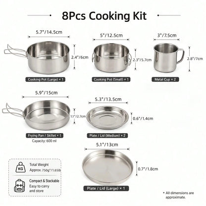 Cepasei 8/14Pcs Camping Cookware Mess Kit, Portable Non-Stick Aluminum Alloy Cookware, Kettle Pot Frying Pan Plates Forks Knives Spoons For Camping, Backpacking, Outdoor Cooking