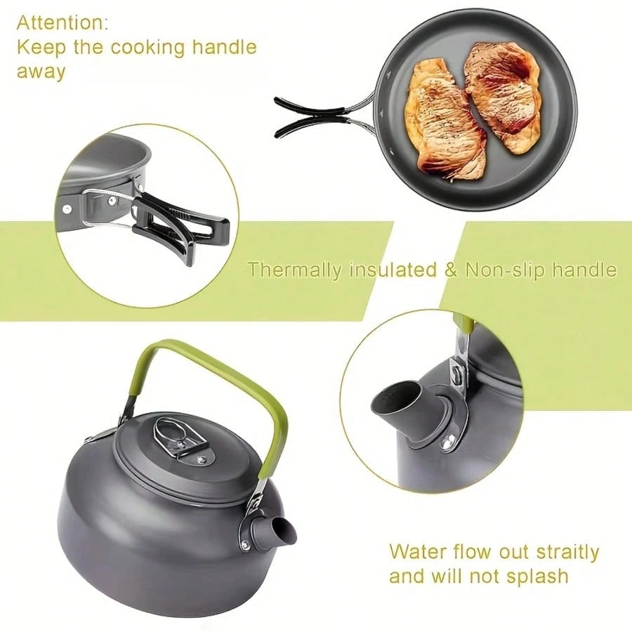 Cepasei 8/14Pcs Camping Cookware Mess Kit, Portable Non-Stick Aluminum Alloy Cookware, Kettle Pot Frying Pan Plates Forks Knives Spoons For Camping, Backpacking, Outdoor Cooking