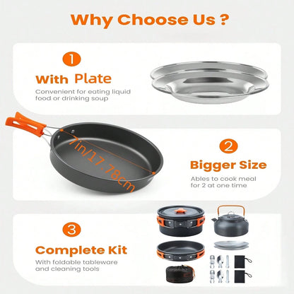 Cepasei 8/14Pcs Camping Cookware Mess Kit, Portable Non-Stick Aluminum Alloy Cookware, Kettle Pot Frying Pan Plates Forks Knives Spoons For Camping, Backpacking, Outdoor Cooking