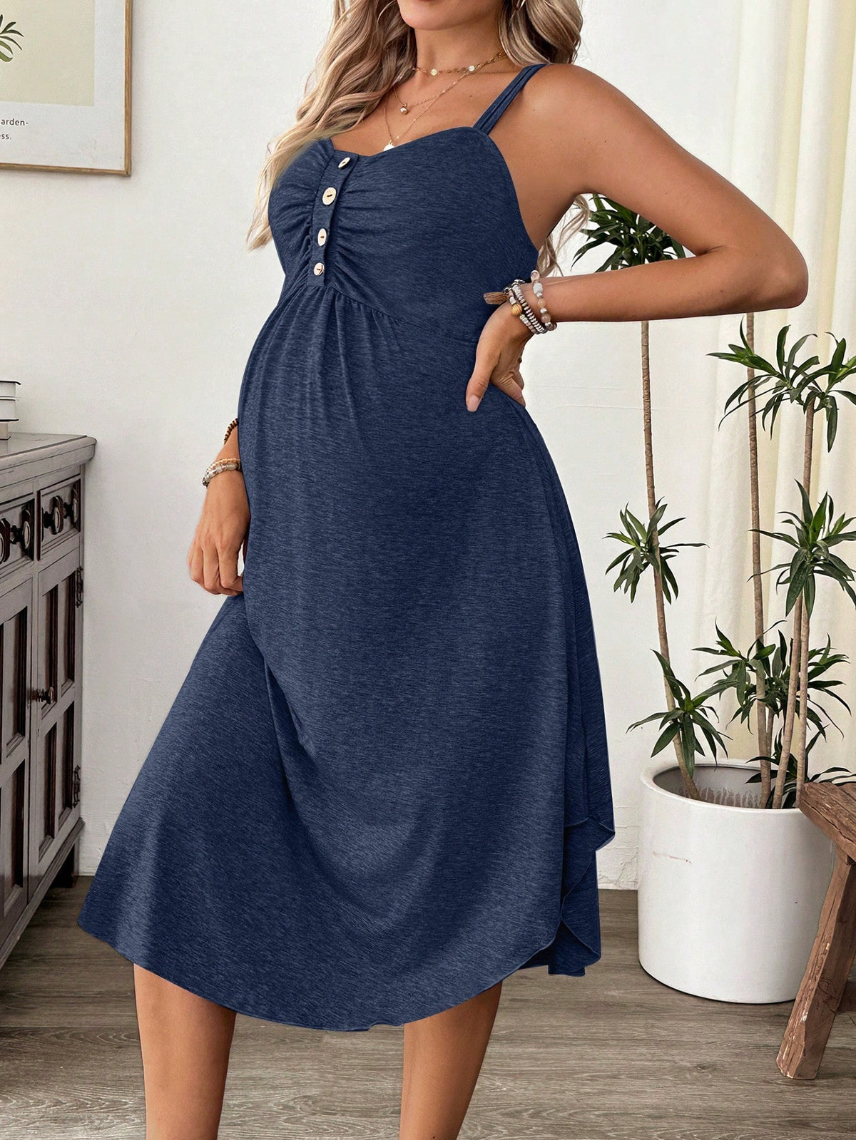 Cheriluna Maternity Casual Comfortable Solid Color Pleated Button Breastfeeding Camisole Dress