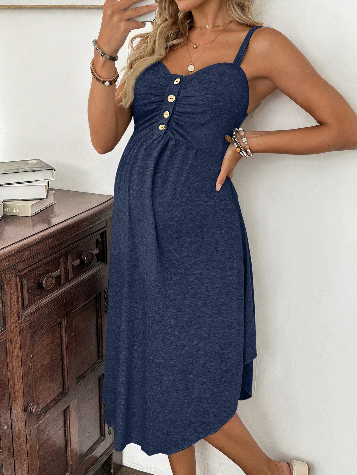Cheriluna Maternity Casual Comfortable Solid Color Pleated Button Breastfeeding Camisole Dress