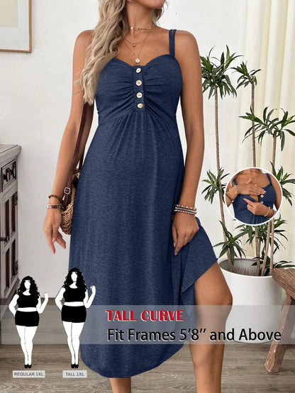 Cheriluna Maternity Casual Comfortable Solid Color Pleated Button Breastfeeding Camisole Dress