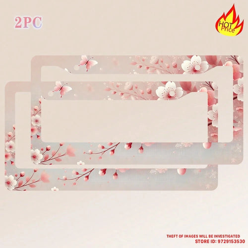 Cherry Blossom License Plate Frames,2PC Floral Flowers Car Plate Holder Universal Accessories Decor 2 Holes Screws Fits Standard US Vehicles Size