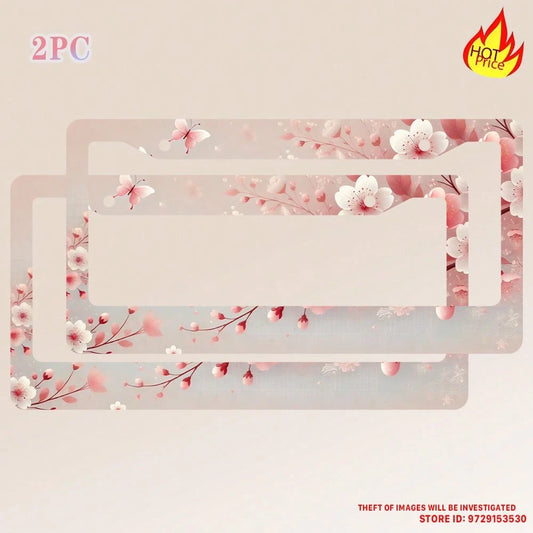 Cherry Blossom License Plate Frames,2PC Floral Flowers Car Plate Holder Universal Accessories Decor 2 Holes Screws Fits Standard US Vehicles Size