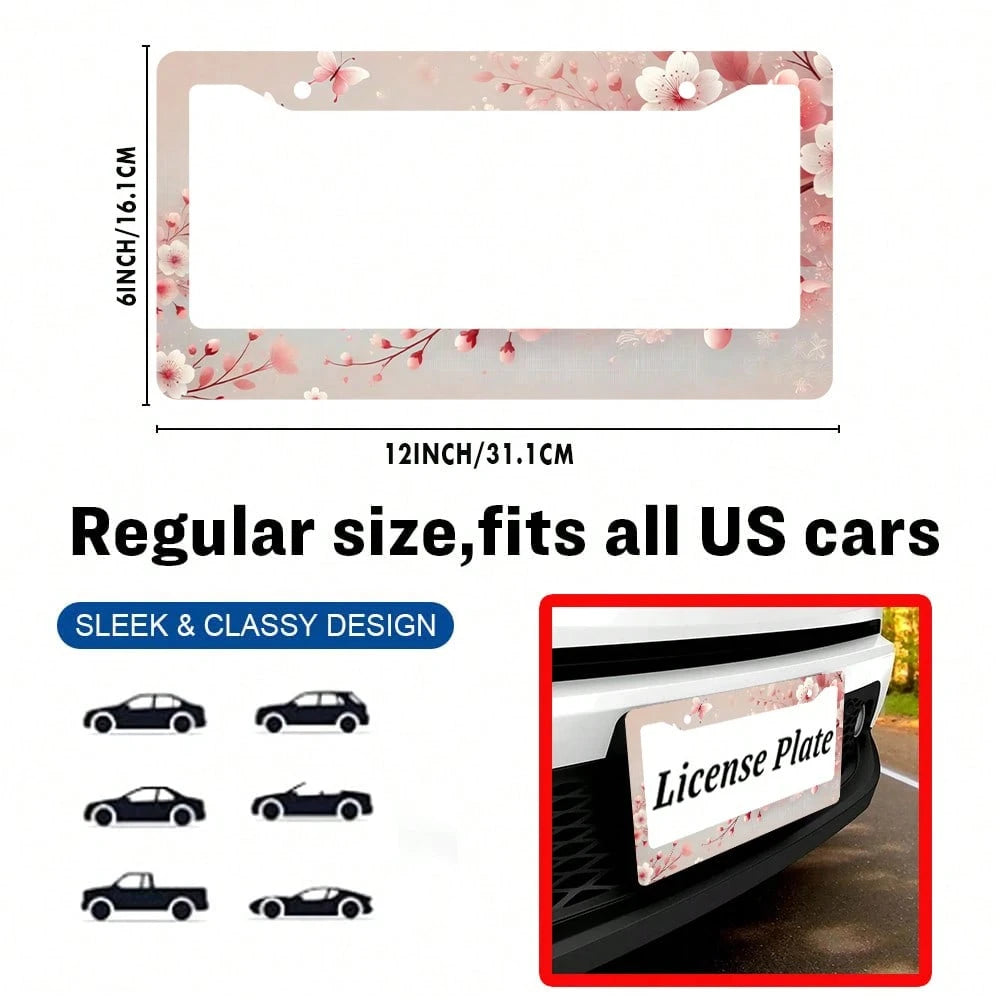 Cherry Blossom License Plate Frames,2PC Floral Flowers Car Plate Holder Universal Accessories Decor 2 Holes Screws Fits Standard US Vehicles Size