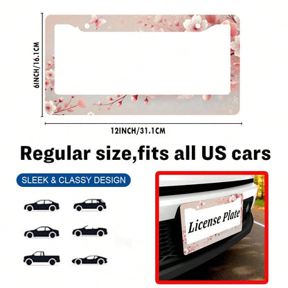 Cherry Blossom License Plate Frames,2PC Floral Flowers Car Plate Holder Universal Accessories Decor 2 Holes Screws Fits Standard US Vehicles Size