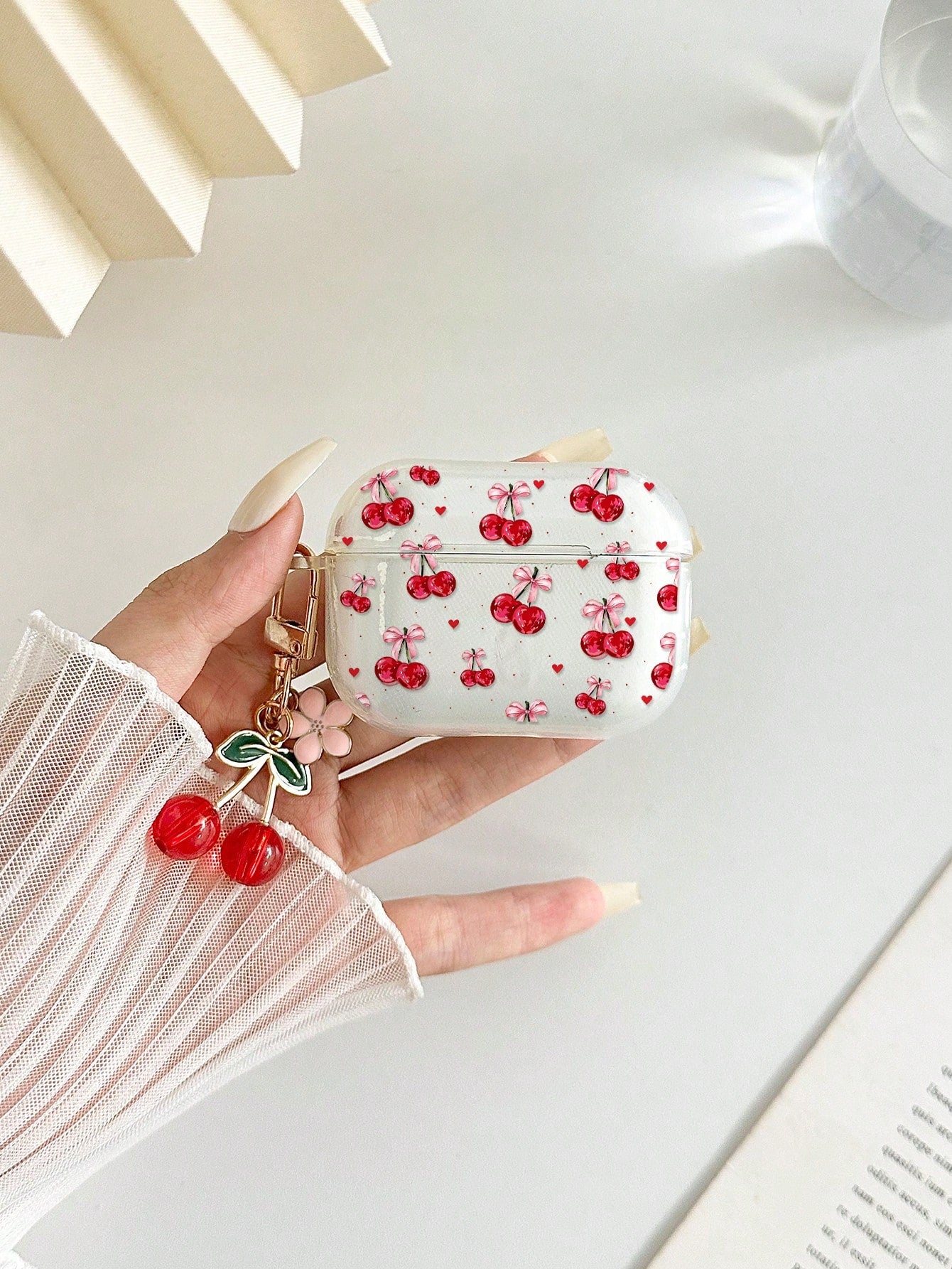 Cherry Painted Transparent Flower Button Thickened Fashion Bluetooth Anti-Drop Earphone Case Compatible With S4 Protective Case Apple Wireless Bluetooth Earphone Shell Glossy Pro2 Full Coverage Pods 3
