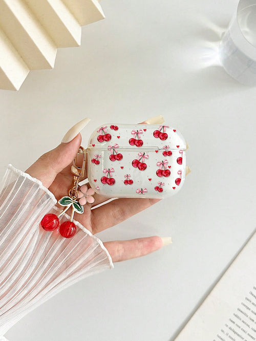 Cherry Painted Transparent Flower Button Thickened Fashion Bluetooth Anti-Drop Earphone Case Compatible With S4 Protective Case Apple Wireless Bluetooth Earphone Shell Glossy Pro2 Full Coverage Pods 3
