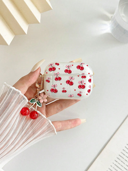 Cherry Painted Transparent Flower Button Thickened Fashion Bluetooth Anti-Drop Earphone Case Compatible With S4 Protective Case Apple Wireless Bluetooth Earphone Shell Glossy Pro2 Full Coverage Pods 3