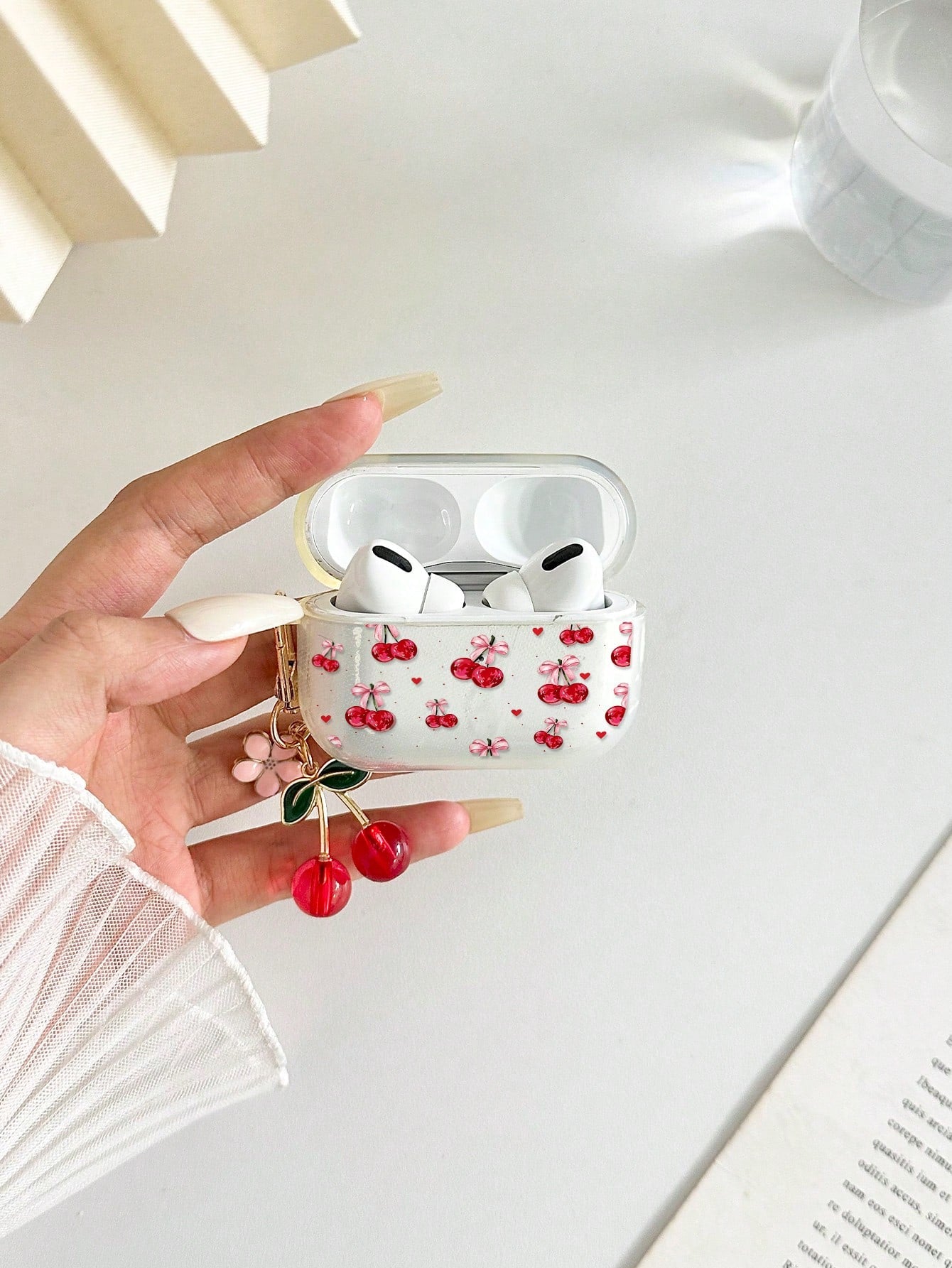 Cherry Painted Transparent Flower Button Thickened Fashion Bluetooth Anti-Drop Earphone Case Compatible With S4 Protective Case Apple Wireless Bluetooth Earphone Shell Glossy Pro2 Full Coverage Pods 3