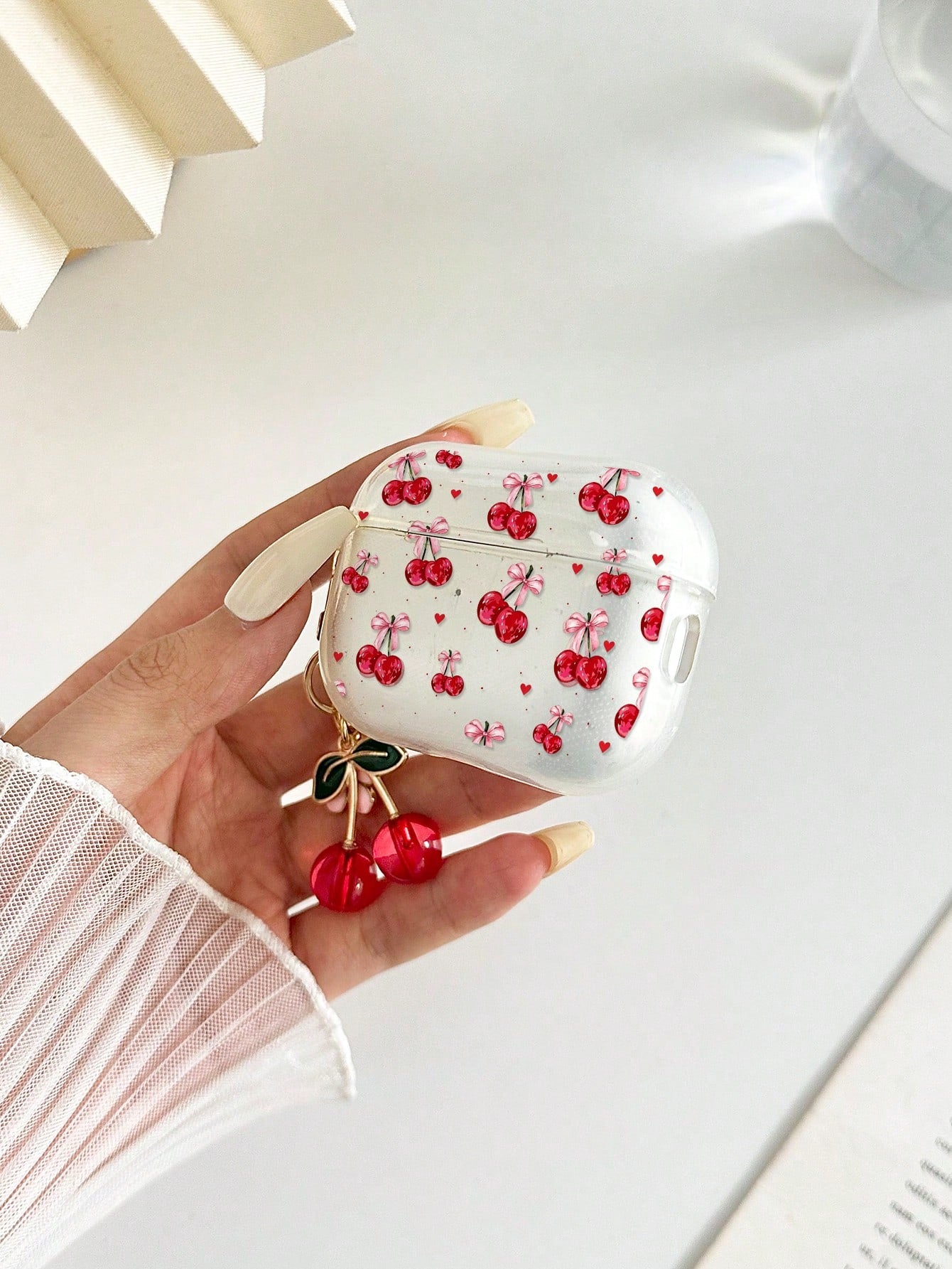 Cherry Painted Transparent Flower Button Thickened Fashion Bluetooth Anti-Drop Earphone Case Compatible With S4 Protective Case Apple Wireless Bluetooth Earphone Shell Glossy Pro2 Full Coverage Pods 3