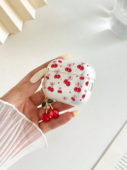Cherry Painted Transparent Flower Button Thickened Fashion Bluetooth Anti-Drop Earphone Case Compatible With S4 Protective Case Apple Wireless Bluetooth Earphone Shell Glossy Pro2 Full Coverage Pods 3