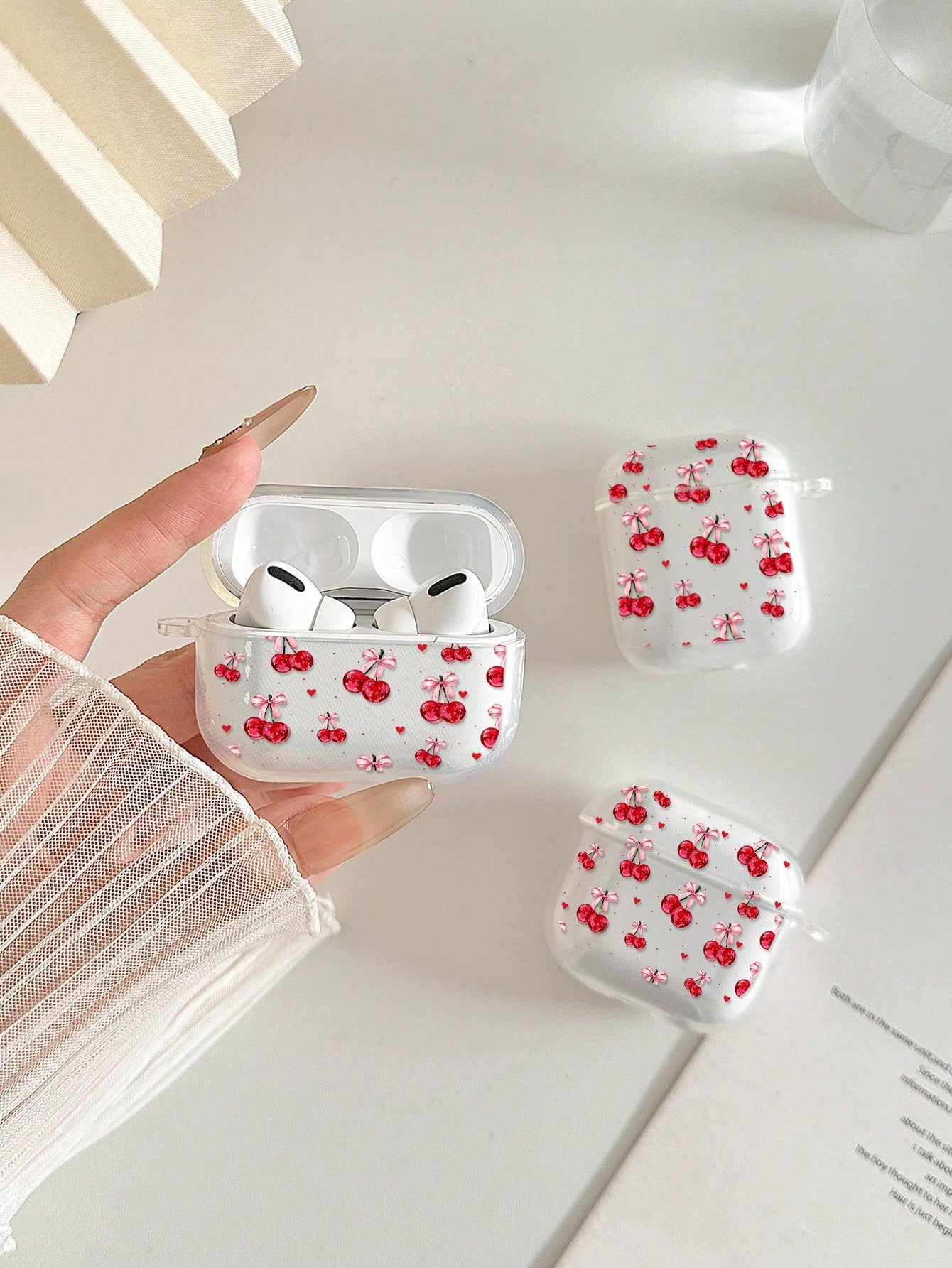 Cherry Painted Transparent Flower Button Thickened Fashion Bluetooth Anti-Drop Earphone Case Compatible With S4 Protective Case Apple Wireless Bluetooth Earphone Shell Glossy Pro2 Full Coverage Pods 3