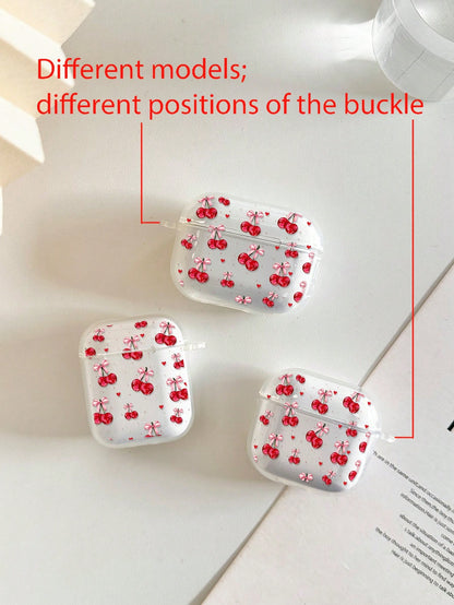 Cherry Painted Transparent Flower Button Thickened Fashion Bluetooth Anti-Drop Earphone Case Compatible With S4 Protective Case Apple Wireless Bluetooth Earphone Shell Glossy Pro2 Full Coverage Pods 3