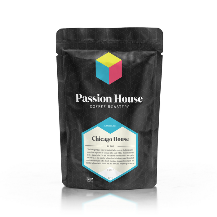 Passion House Coffee Roasters bag featuring abstract line art and a colorful cube logo.