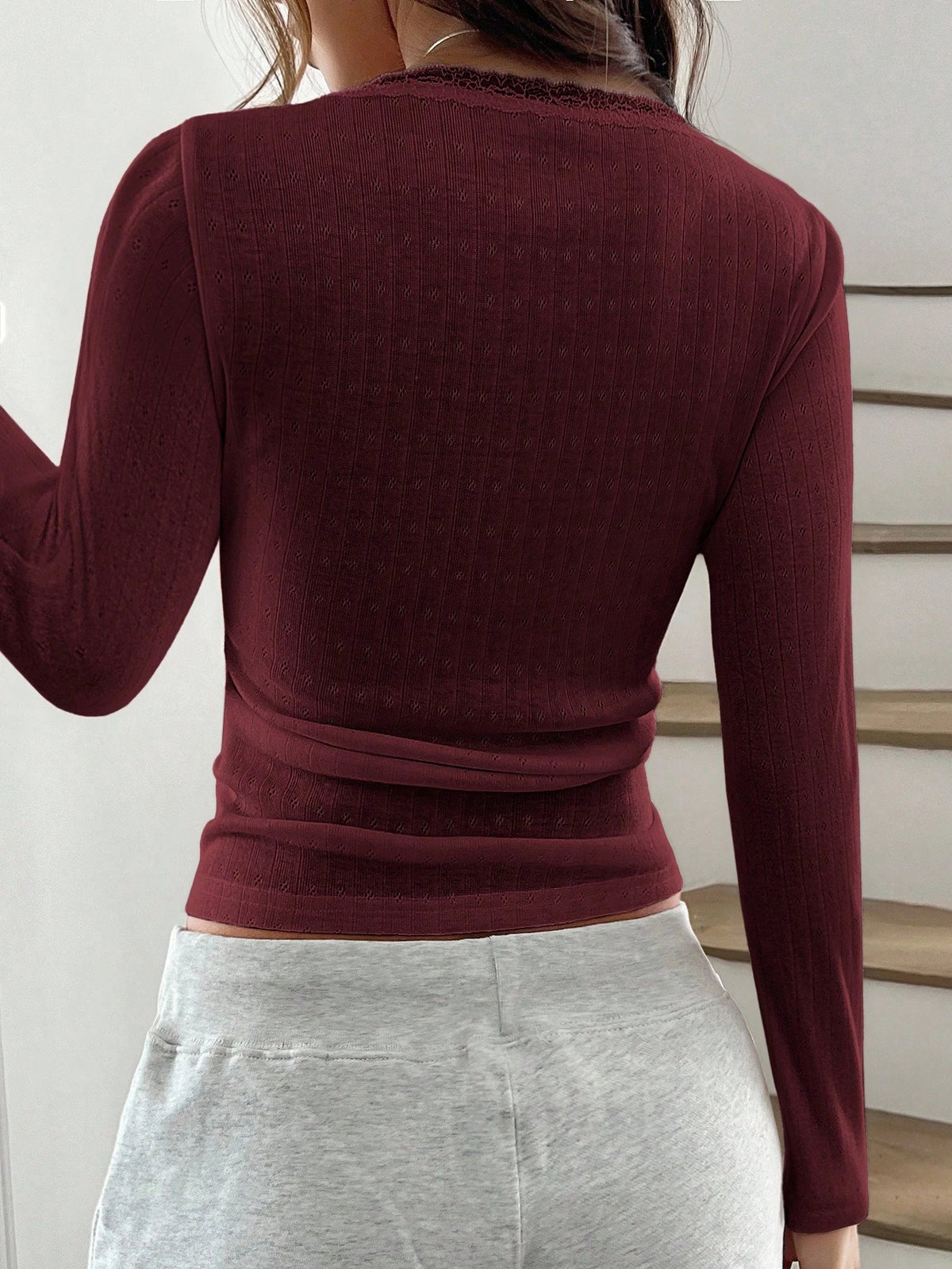 ChicEase Women Summer Sweet Lace Trim Long Sleeve T-Shirt,Slim 3-Button Casual Tee Tops,Burgundy,Autumn,Elegant, Wine Red Burgundy Dark Red Top