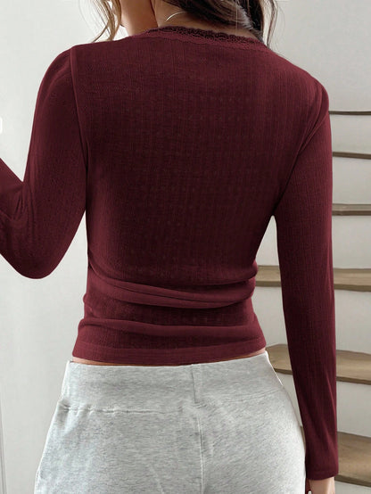 ChicEase Women Summer Sweet Lace Trim Long Sleeve T-Shirt,Slim 3-Button Casual Tee Tops,Burgundy,Autumn,Elegant, Wine Red Burgundy Dark Red Top